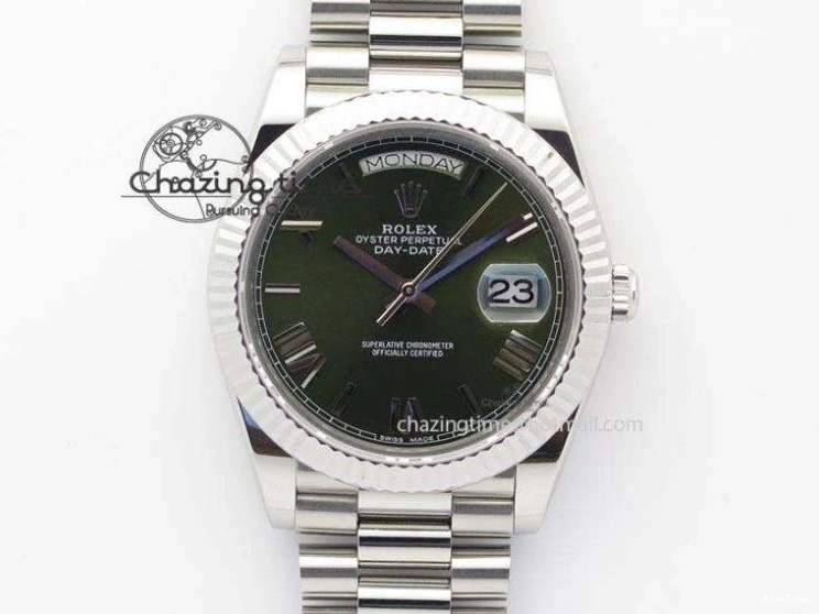 MiroTime 0424 Stretchable DayDate 40mm BP-Maker 228206 SS Green Roman Dial (Fluted Bezel) On SS Bracelet ETA 3904